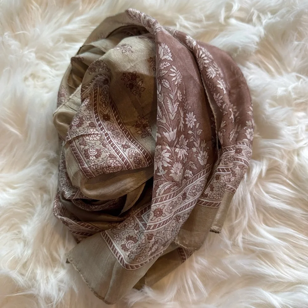 100% Pure Silk Floral Scarf | Golden Tan & Mauve Pink-ish 20